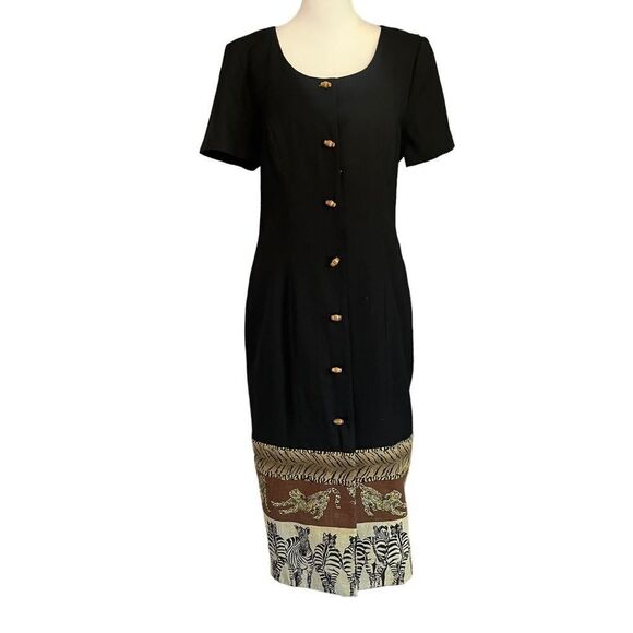 Vtg DL DEBORAH LAWS Womens Black Safari Print Linen Blend Dress - Picture 1 of 7